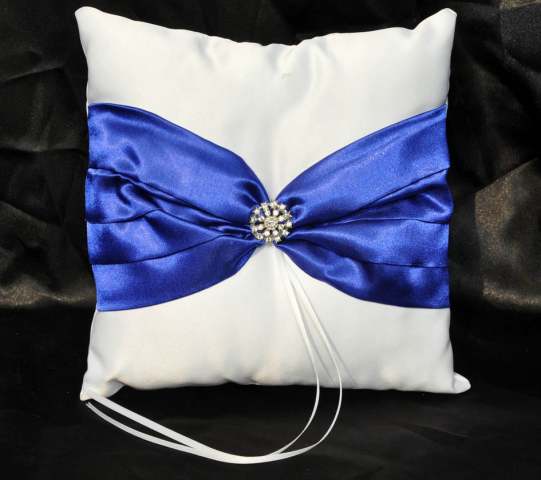 White Wedding Ring Bearer Pillow Royal Blue Ribbon and Diamante Ring Set in the Middle
